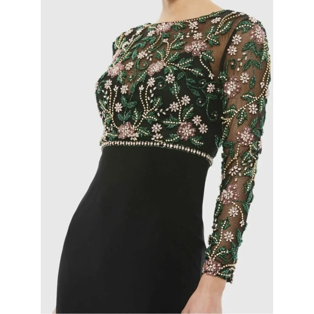 Mac Duggal Black Beaded Illusion Jersey Formal Gown Maxi Dress Sz 4 NWT